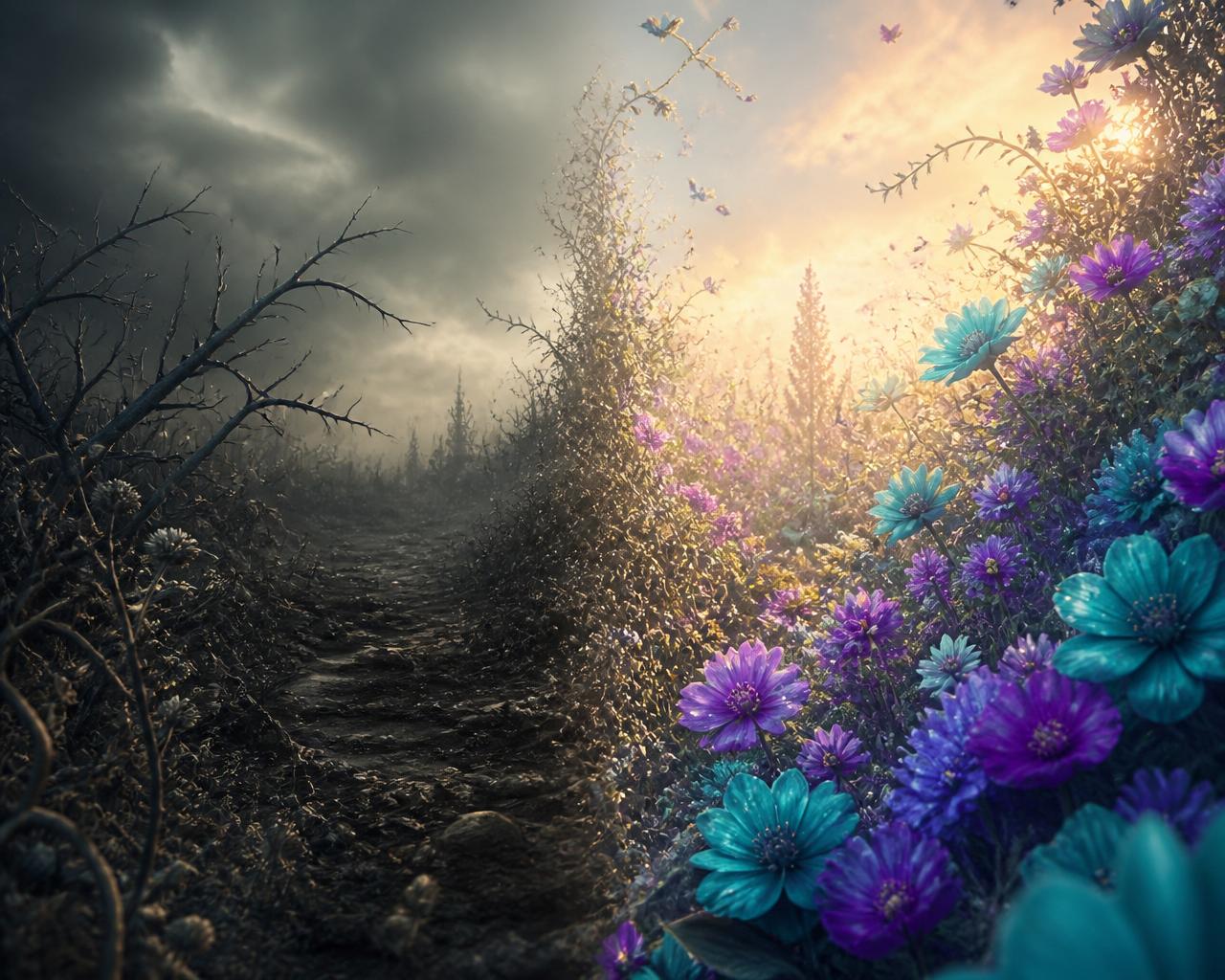 La mente come giardino: da rovi aridi a fiori vibranti in viola e teal