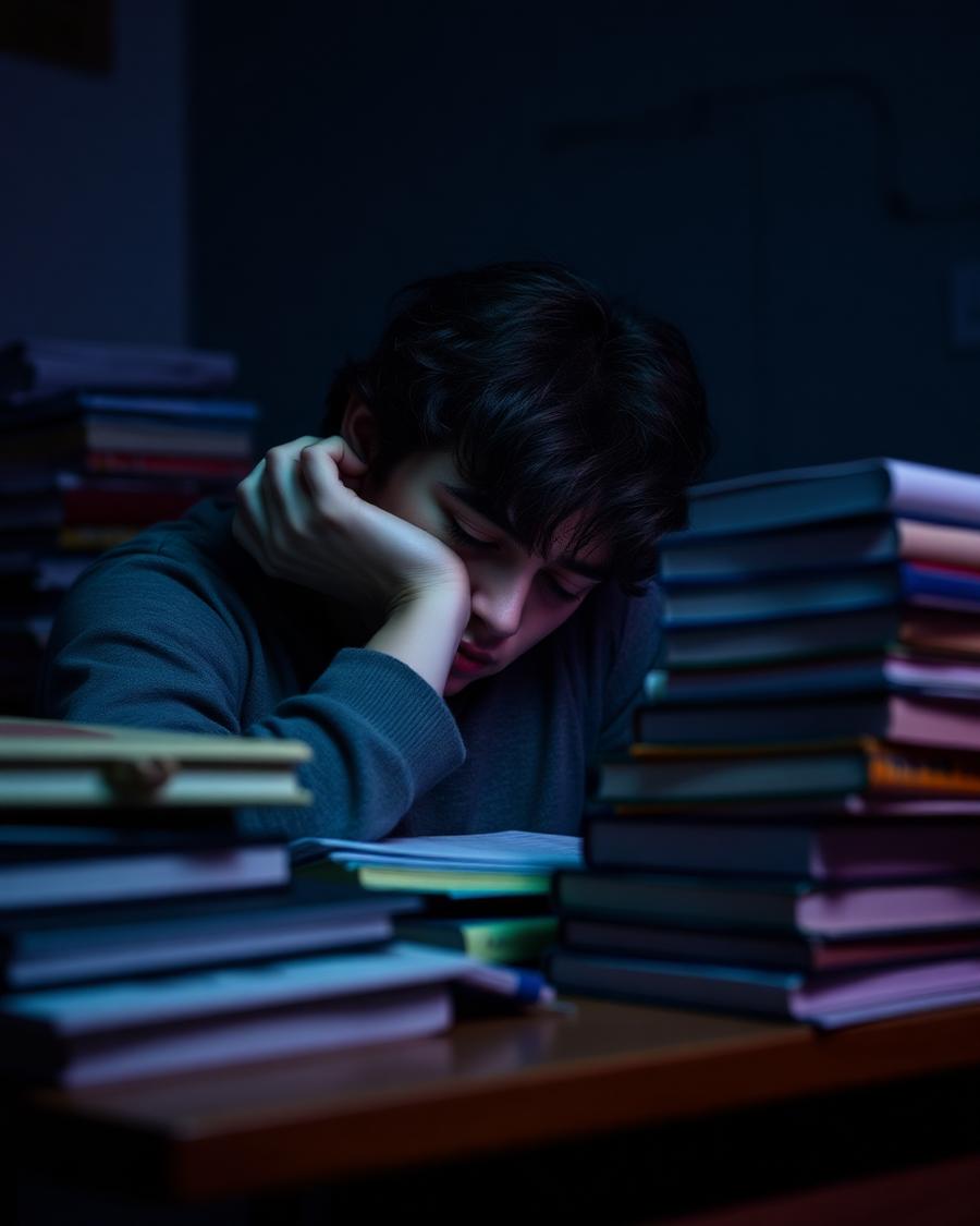 Studente stanco e sopraffatto alla scrivania